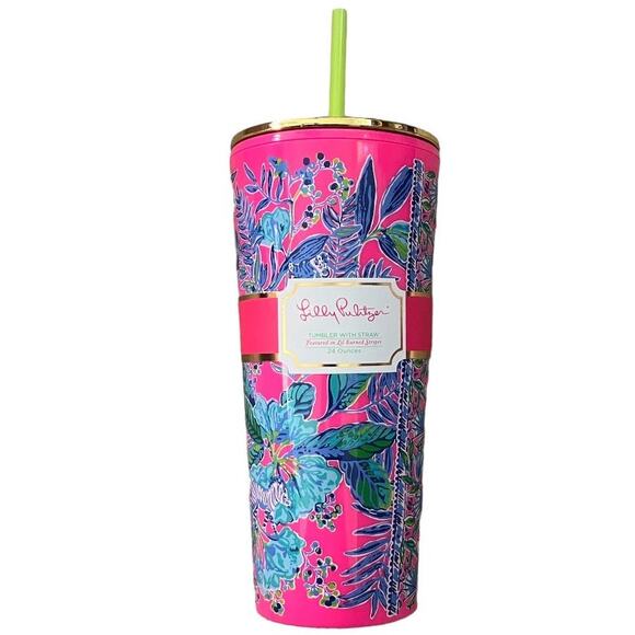 New Lilly Pulitzer Tumbler With Straw Lil Earned Stripes 24 Ounces - Picture 1 of 6